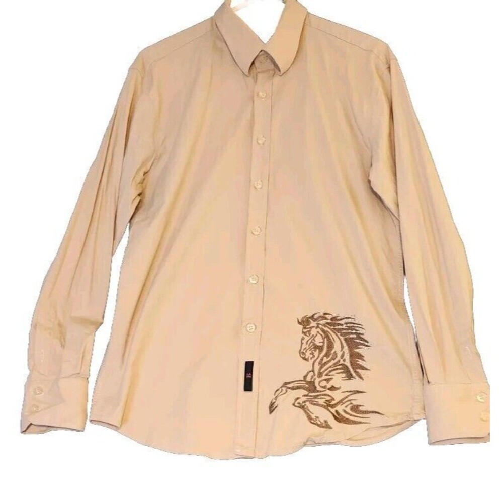 BC Collection Mens XL Shirt Tan Y2K Embroidered Horse Western‎ Long Sleeves EUC